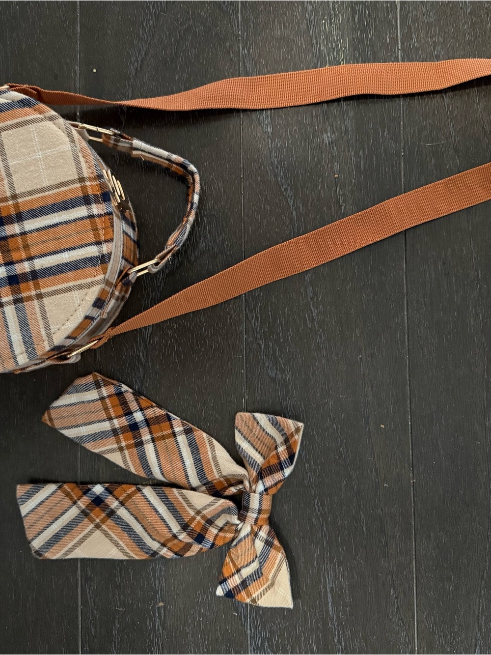 Plaid Round Crossbody Bag with Matching Bow - Tan & Navy